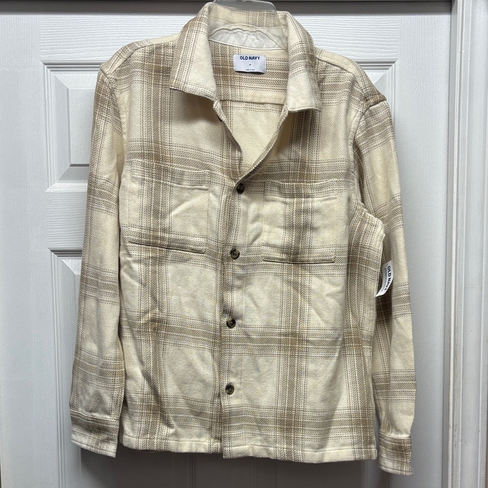 Old Navy Men's Beige Plaid Rugged Heavy Shirt Medium New